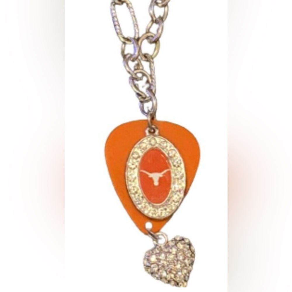 Texas Longhorns Necklace Fender Guitar Pick Heart Rhinestones